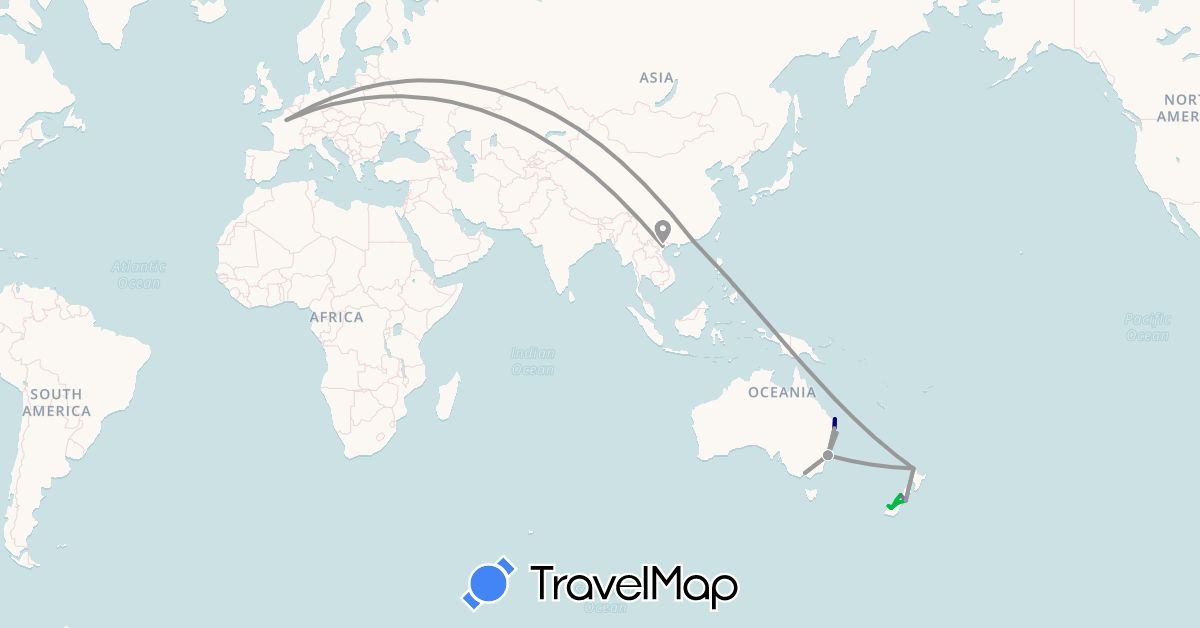 TravelMap itinerary: driving, bus, plane, train in Australia, France, New Zealand, Vietnam (Asia, Europe, Oceania)